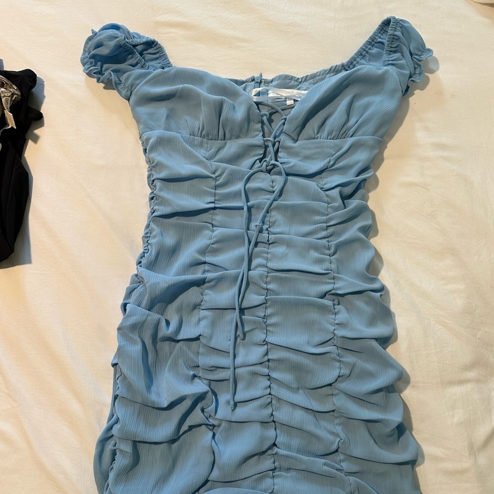 Blue Ruched Mini Dress
